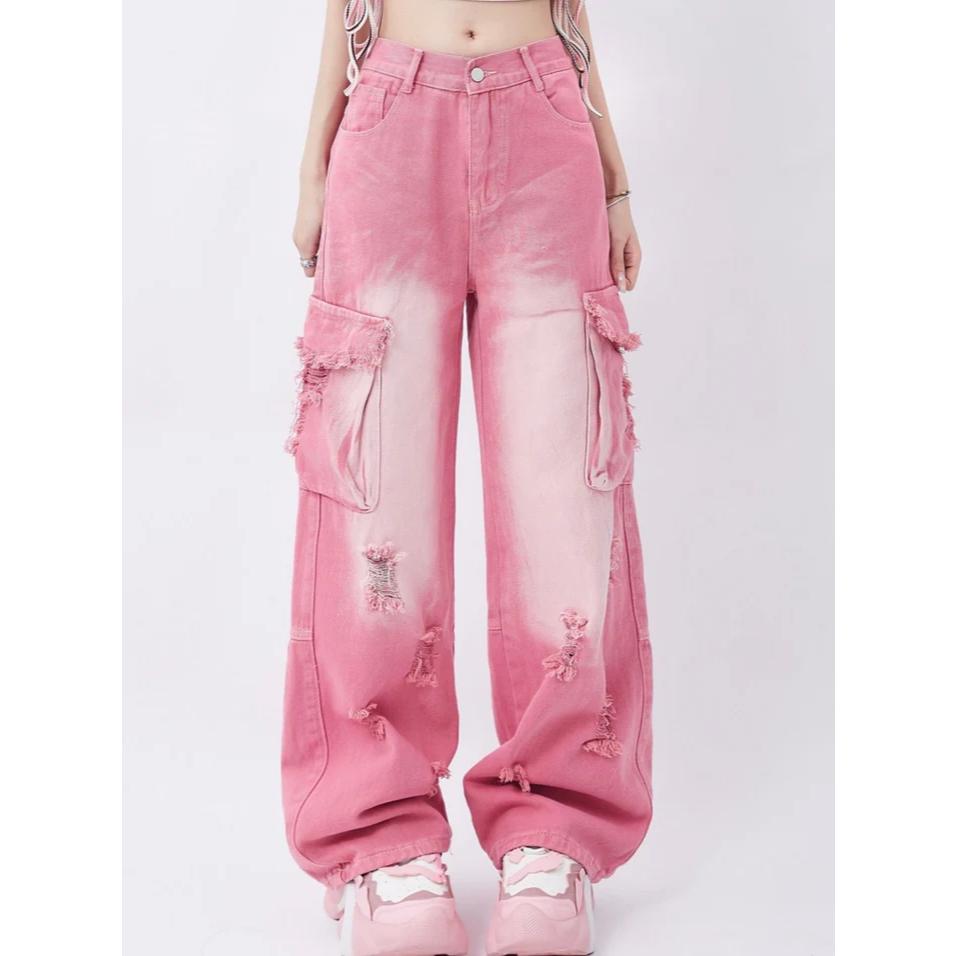 Pink High Waist Wide Leg Jeans with Vintage Accents