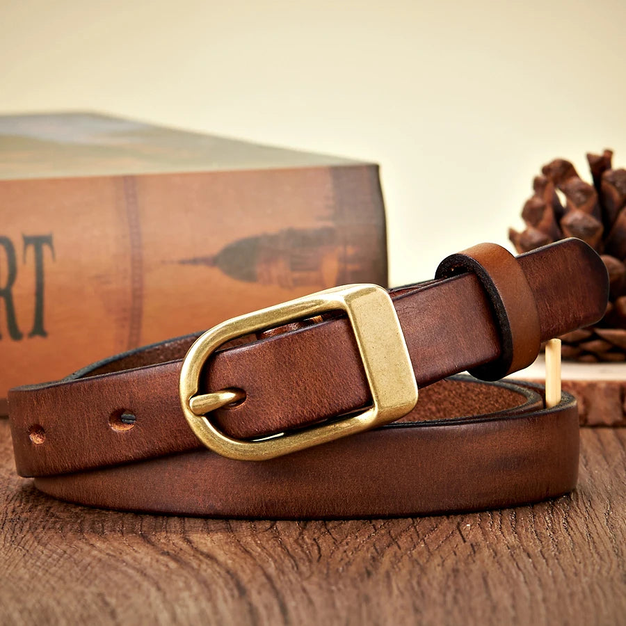 1.8CM Genuine Leather Thin Belt for Women with Copper Buckle