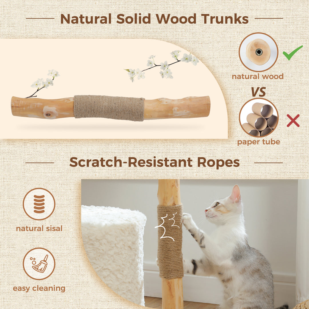 Modern Cat Tree with Woven Basket, Hammock & Solid Wood Scratching Post for Large Indoor Cats