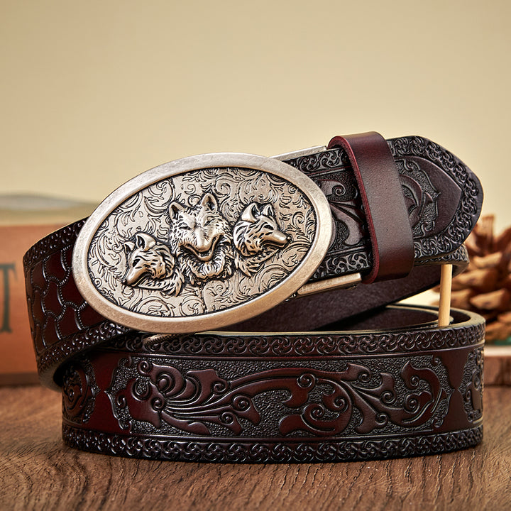 Men's 3.5CM Retro Leather Belt with Automatic Wolf Buckle