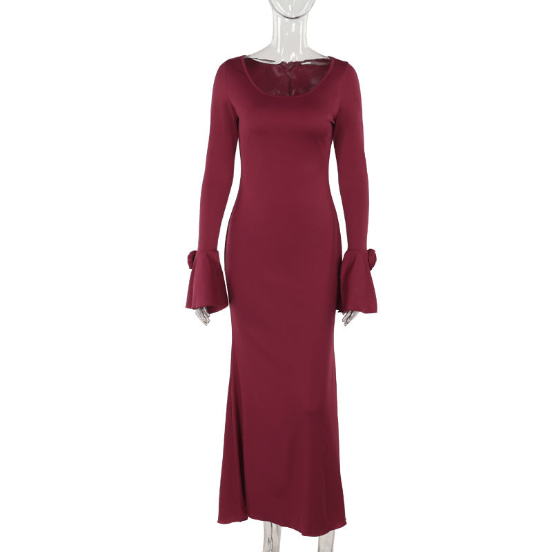 Round Neck Rose Long Sleeve Dress Women