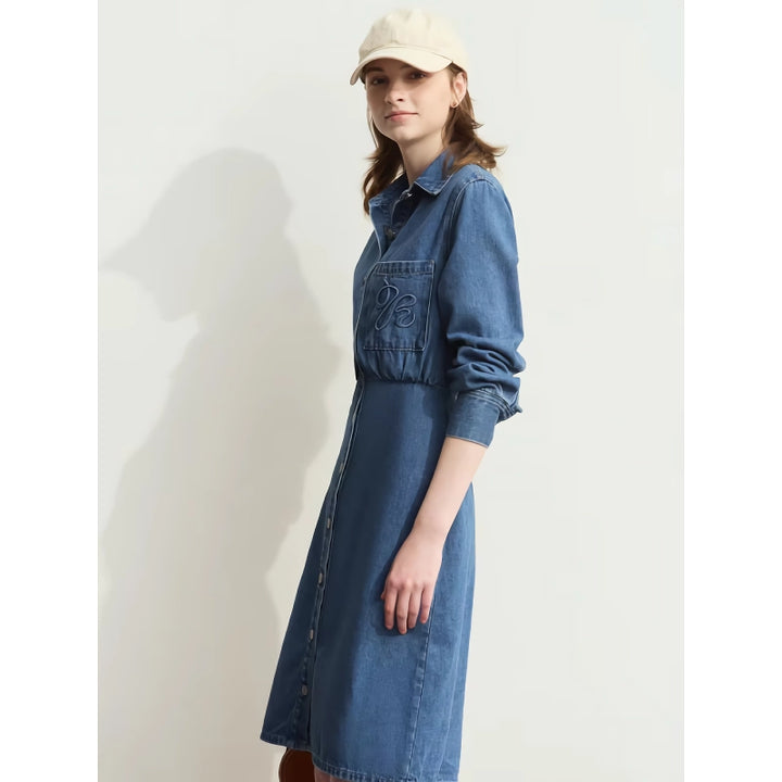 Denim Shirt Dress with Lapel Collar and Letter Embossing