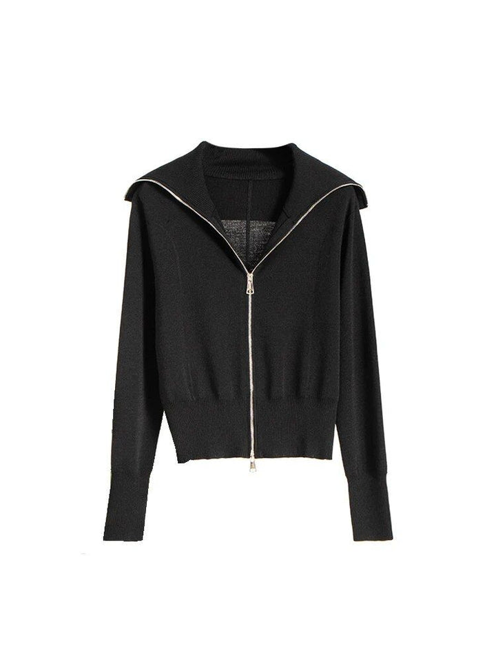 Black Silk-Cotton Blend Cardigan with Zipper