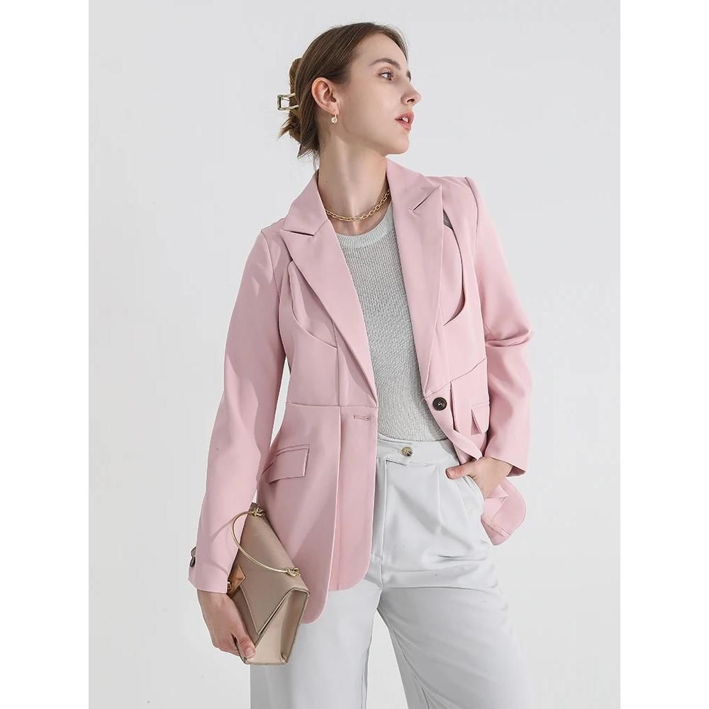 Women's Solid Color Blazer with Notched Collar and Unique Folds