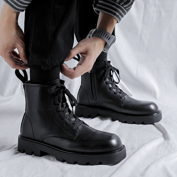 Korean Platform Black Leather Ankle Boots with Zipper