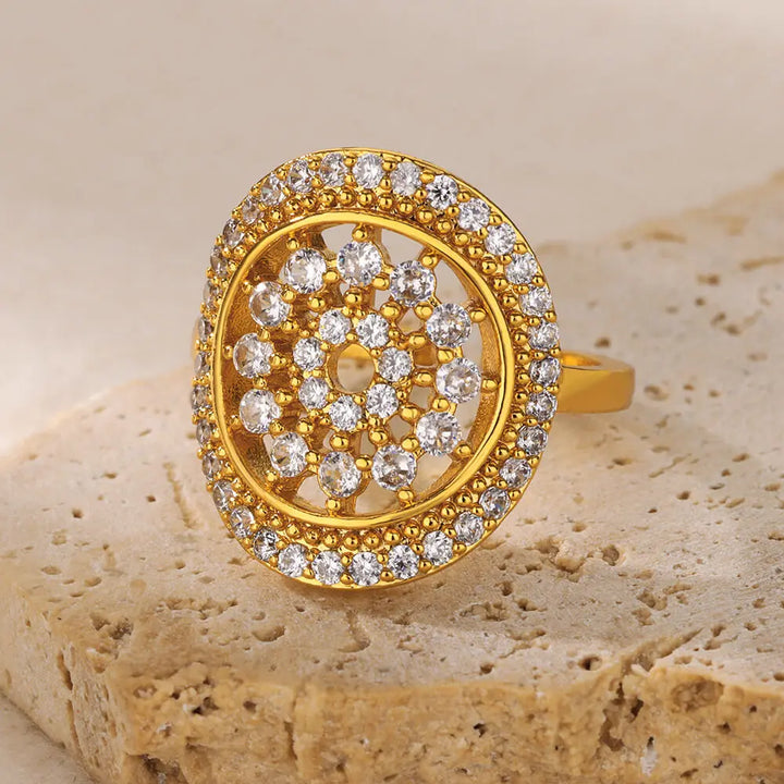 Cubic Zirconia Flora Gold Stainless Steel Ring