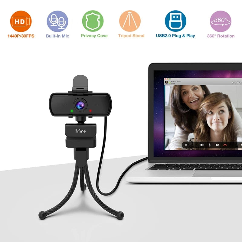 1440p Full HD Webcam with Microphone & Tripod for Desktop & Laptop