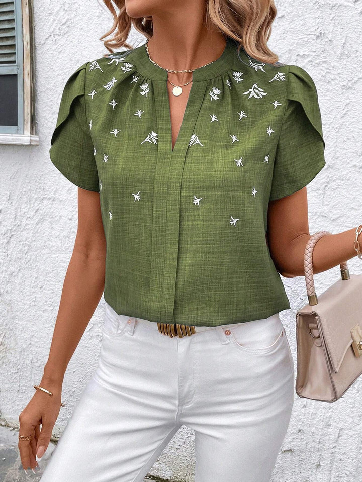 Half-open Collar Short Sleeve Shoulder Creasing Printed Shirt Women's Blouse