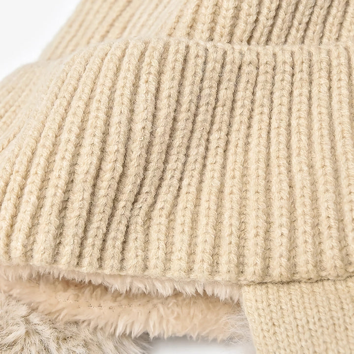 Women's Faux Fur Knitted Beanie with Adjustable Earflaps and Pompom