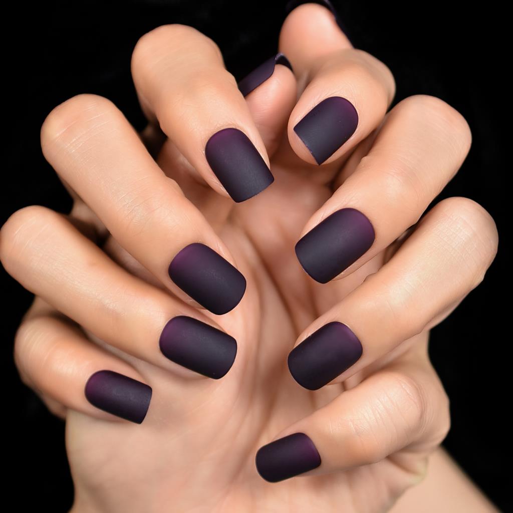 Matte Purple Black Squoval Fake Nails