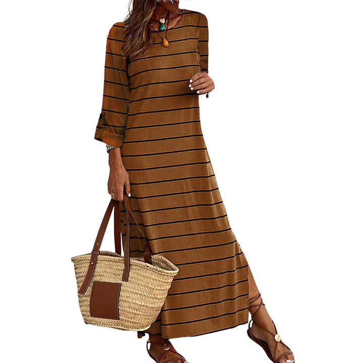 Long Sleeve Striped Printed All-matching Casual Style Pullover Dress