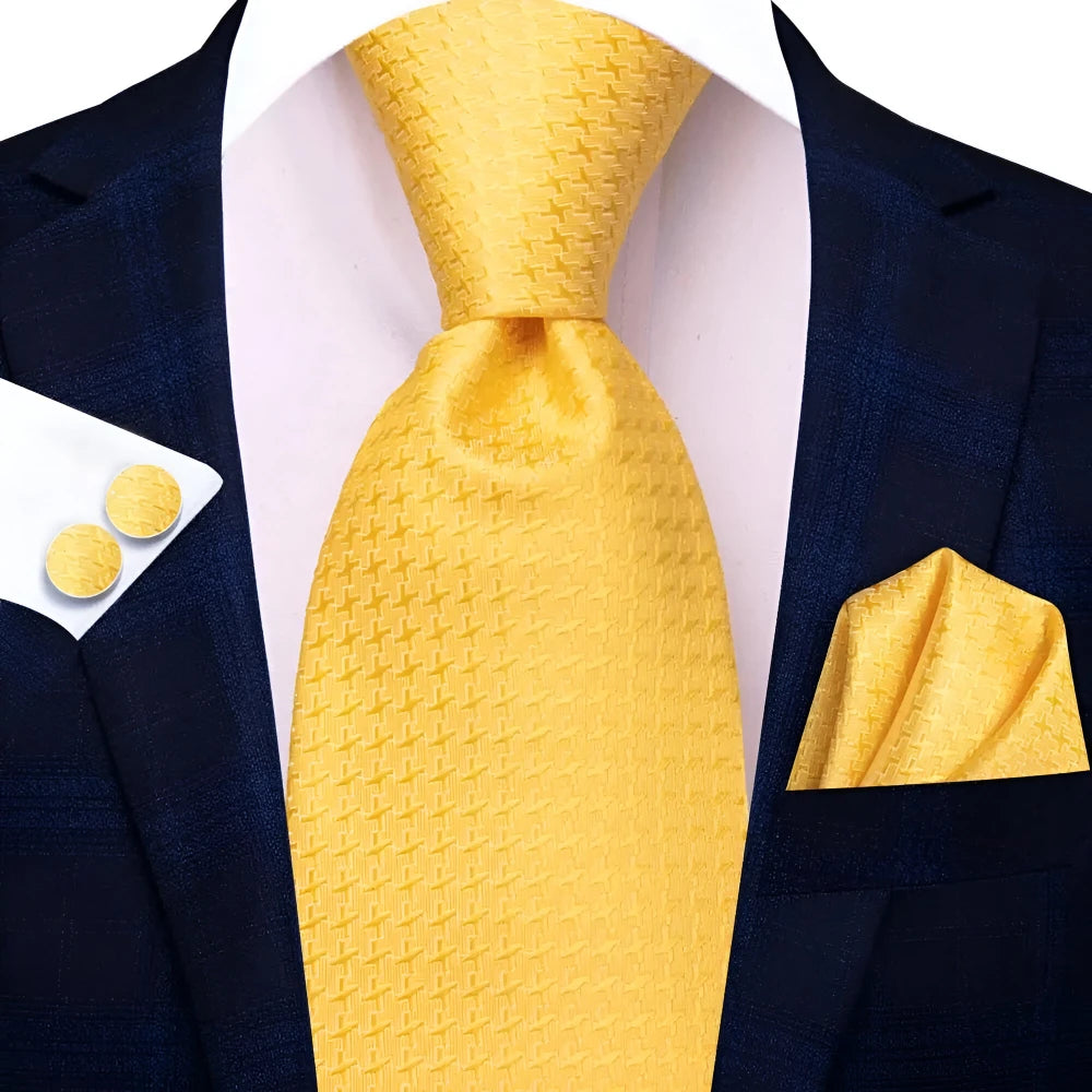 Elegant Yellow Gold Dot Silk Necktie Set for Men