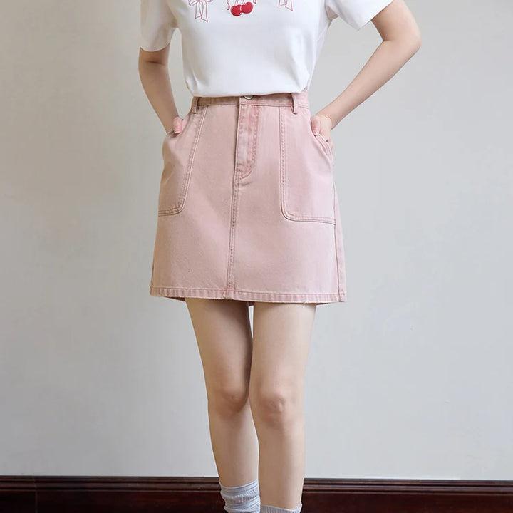 High Waist Pink Denim A-Line Mini Skirt