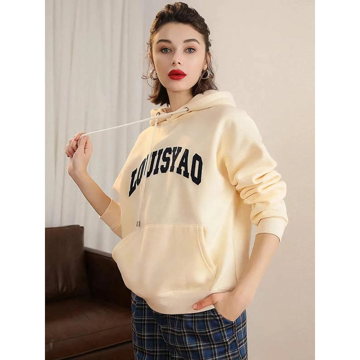 Hooded Drawstring Embroidered Patch Drop-Shoulder Pullover Hoodie