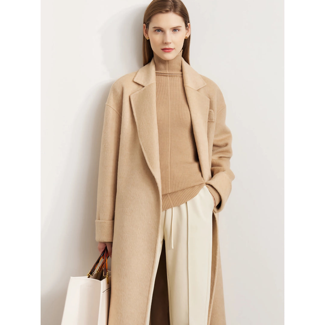 Minimalist Women's Wool Coat with Lace-up Belt - Elegant and Warm