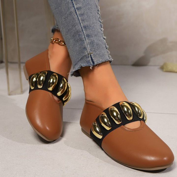 Personalized Flats Shoes With Metal Buckle Design Fashion Round Toe Slip On Loafers For Women