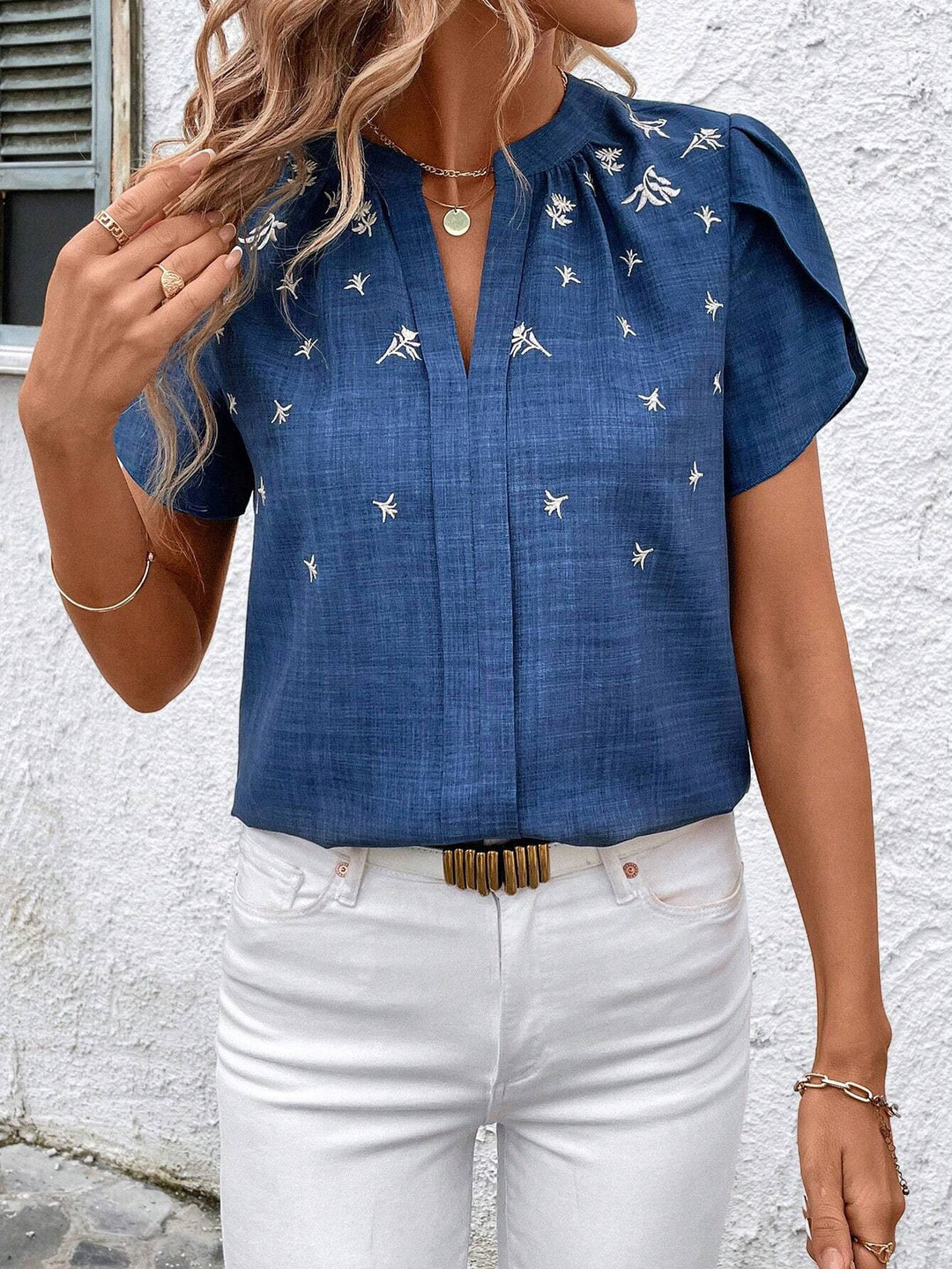 Half-open Collar Short Sleeve Shoulder Creasing Printed Shirt Women's Blouse