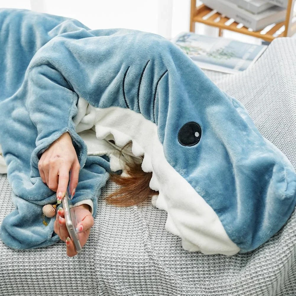 Cozy Shark-Themed Cartoon Sleeping Bag Pajamas & Shawl