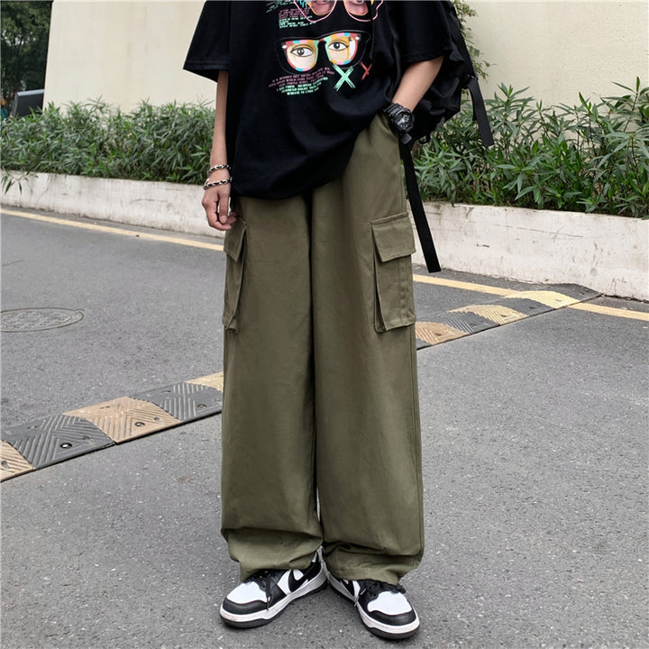 Japanese-style Retro Pants Men's Solid Color Wide Leg Washed Cotton Overalls Straight Loose Casual Trousers