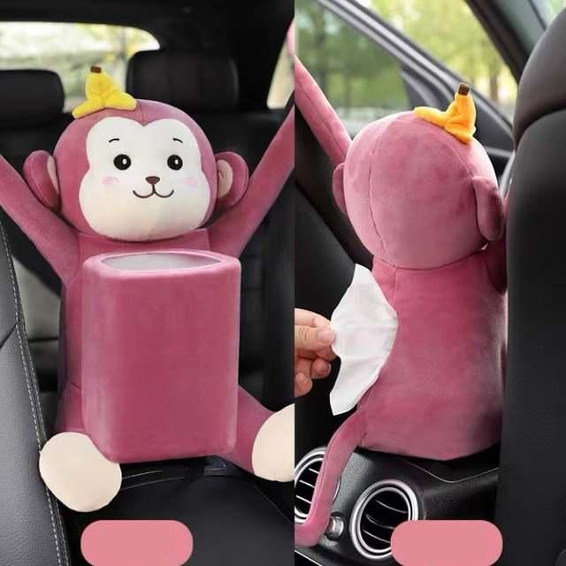 Cartoon Plush Car Tissue Holder with Integrated Trash Cabin