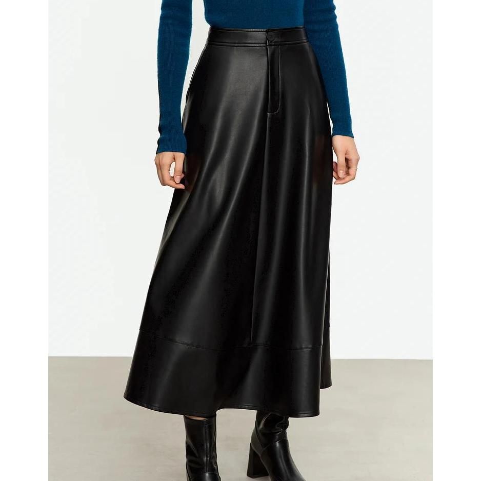 Elegant Autumn Ankle-Length A-Line Leather Midi Skirt for Women