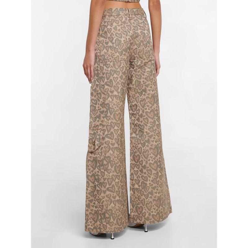 High Waist Leopard Patchwork Denim Wide-Leg Pants