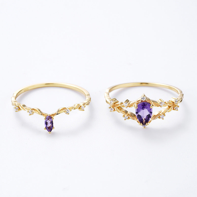 S925 Silver Plated 14k Gold Amethyst Ring Set