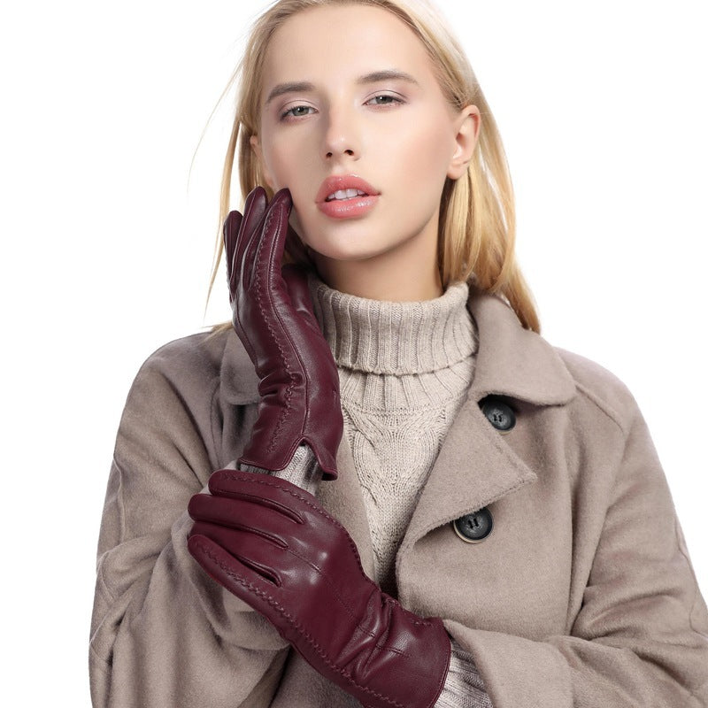 European And American Ladies Color Sheepskin Gloves Fashion Autumn And Winter Warm With Velvet