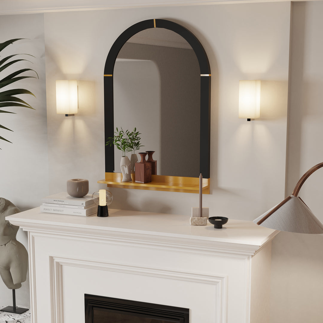 Arched Black and Gold Wall Mirror with Decorative Shelf