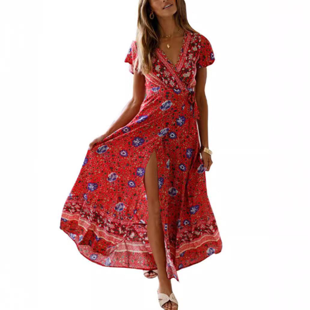 V-neck Split Bohemian Print Dress