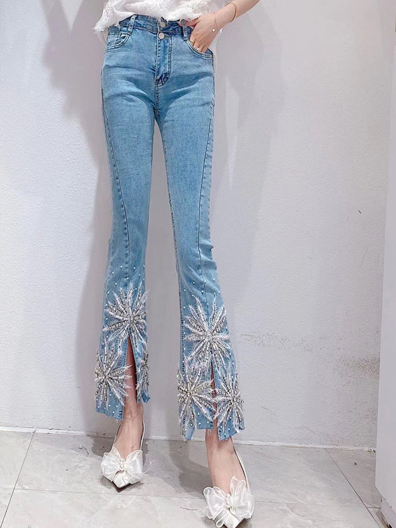 Women's Heavy Industry Beaded Diamond Slit Jeans