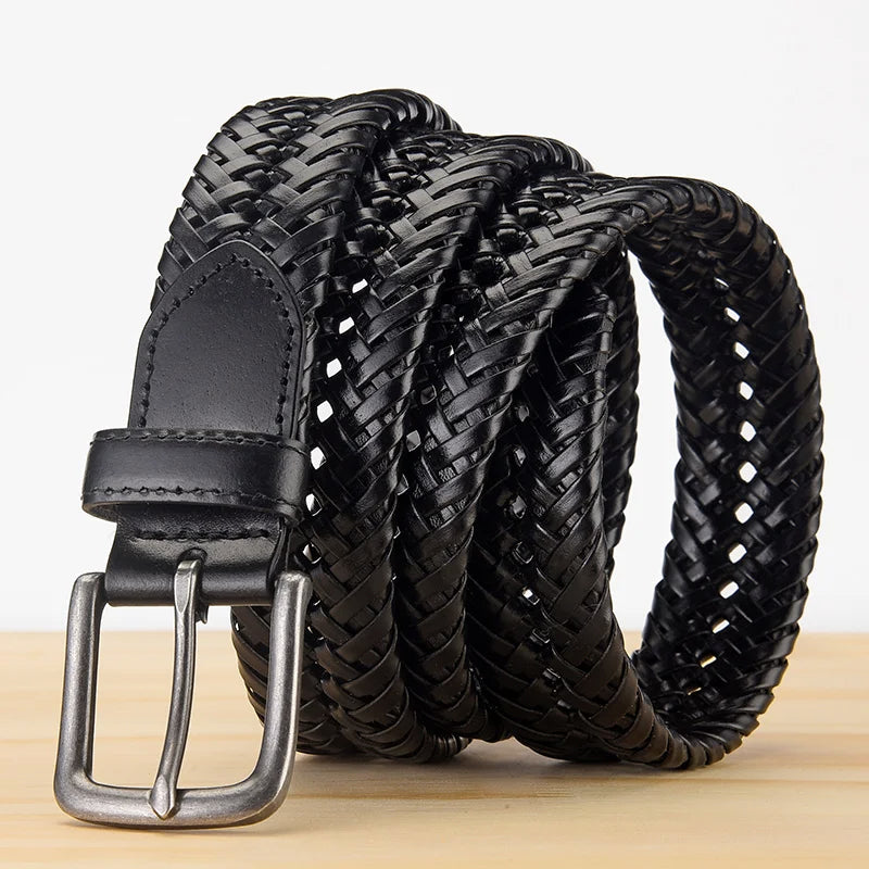 Men’s Genuine Leather Braided Belt – Vintage Knitted Strap, No Holes, High Quality