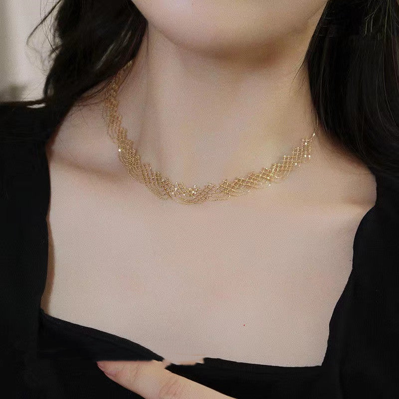 Silver Laser Gold Beans Lace Water Wave Pattern Temperament Clavicle Chain