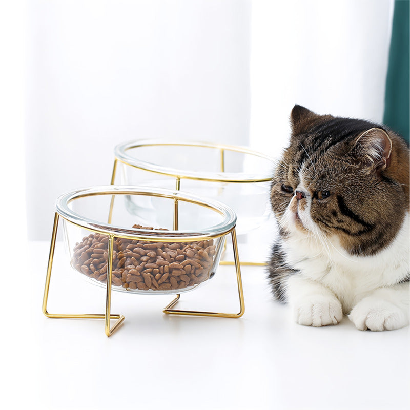 Elegant Non-Slip Cat & Dog Glass Bowl with Gold Stand