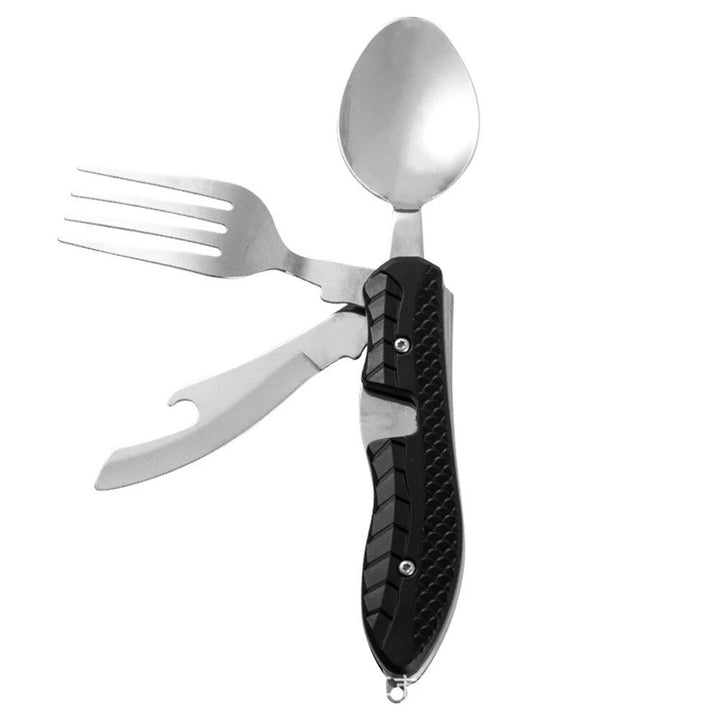 Stainless Steel 4-in-1 Camping Utensil Set: Foldable Spoon, Fork, Knife, Bottle Opener