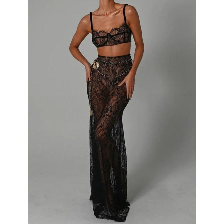 Elegant Lace Two-Piece Skirt Set - Sheath Crop Top with Maxi Skirt for Parties and Beach