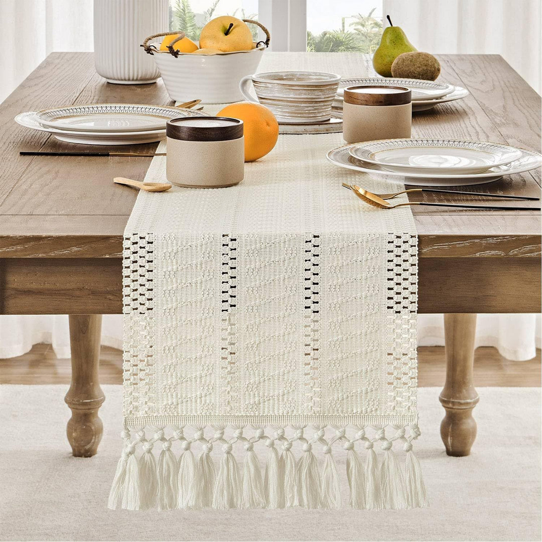 Cotton and Linen Boho Table Runner with Tassels