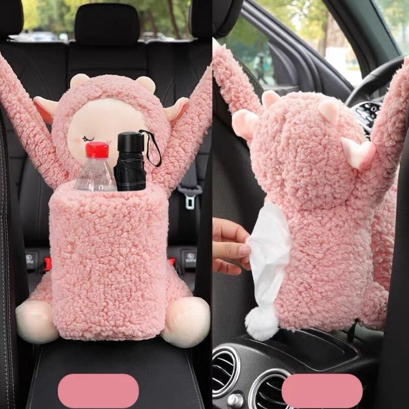 Cartoon Plush Car Tissue Holder with Integrated Trash Cabin