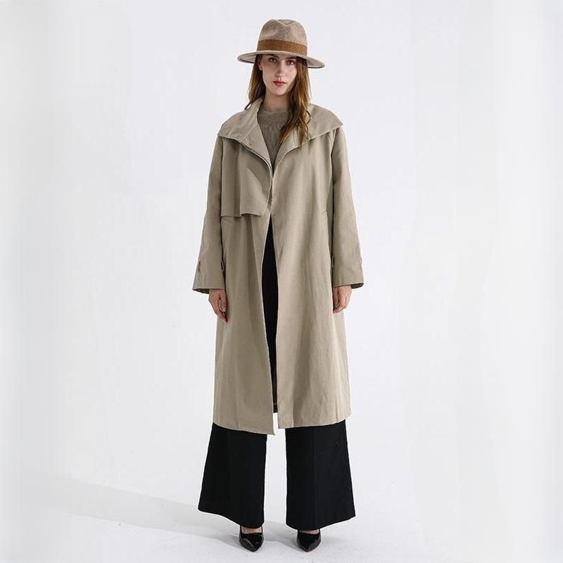 Chic Autumn Long Trench Coat with Stand Collar and Waist Bandage