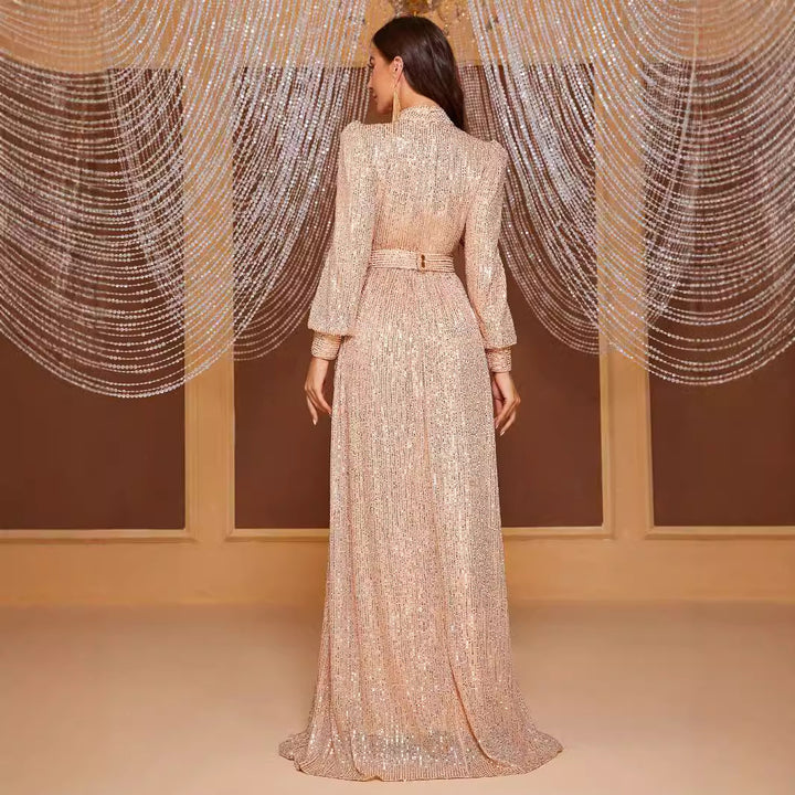 Pure Color Sequins Long Sleeve Stand Collar Evening Long Dress Simple And Elegant