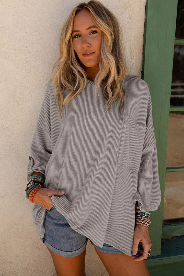 Solid Color Sweater Loose Casual Pocket Curling Threaded Long Sleeve Top