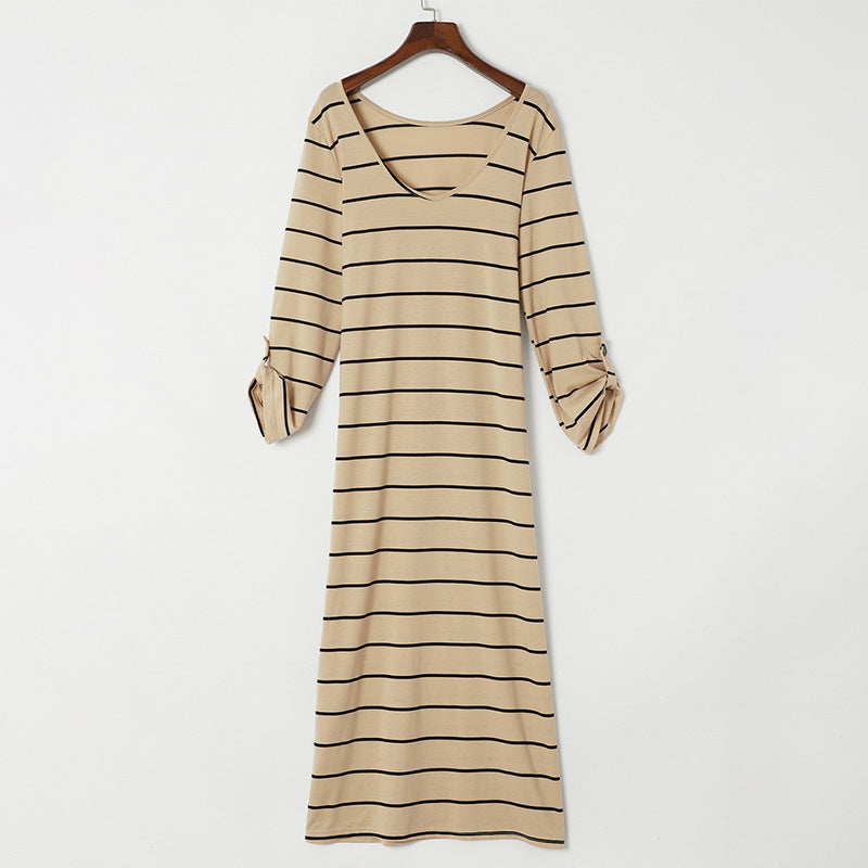 Long Sleeve Striped Printed All-matching Casual Style Pullover Dress