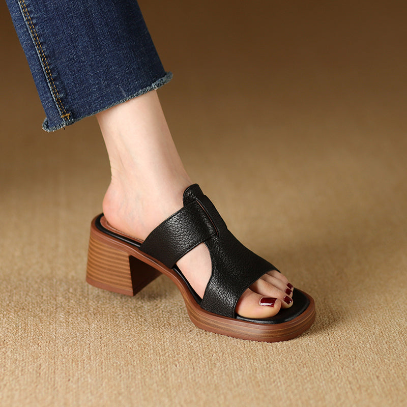 Peep Toe Leather High Heel Sandals