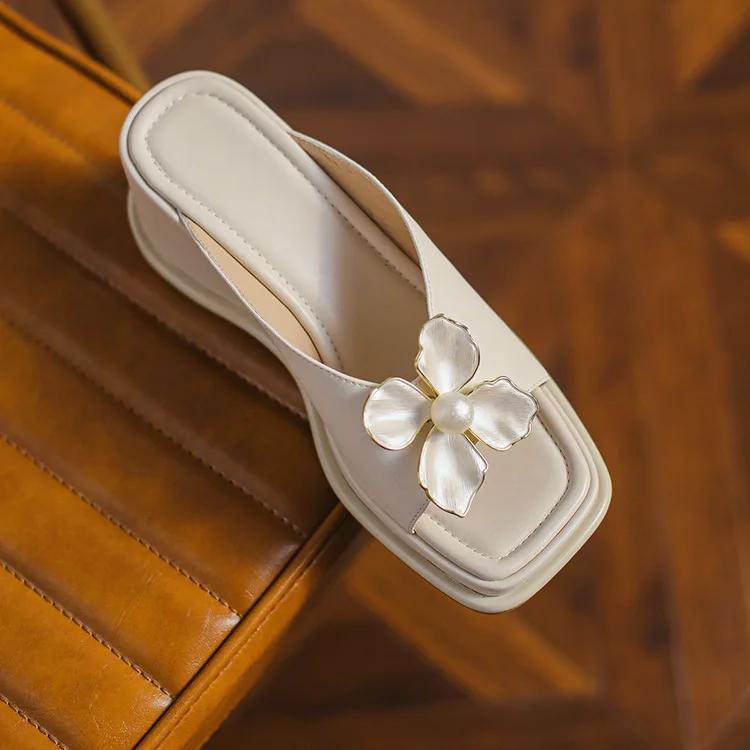 Elegant Pearl Flower High Heel Wedge Slides