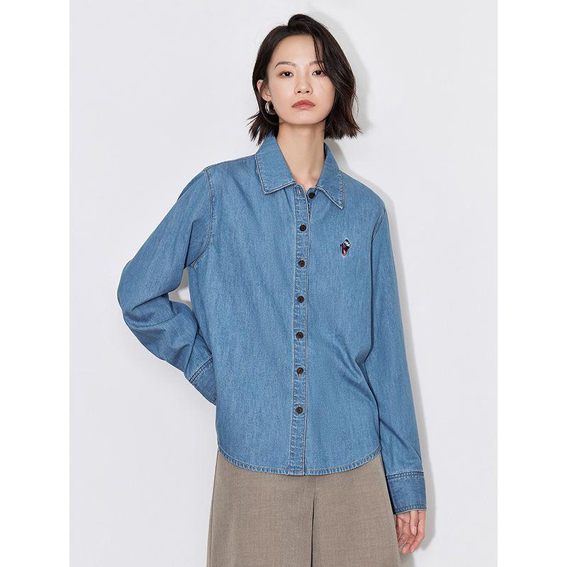 Autumn Embroidered Pure Cotton Polo Collar Denim Shirt