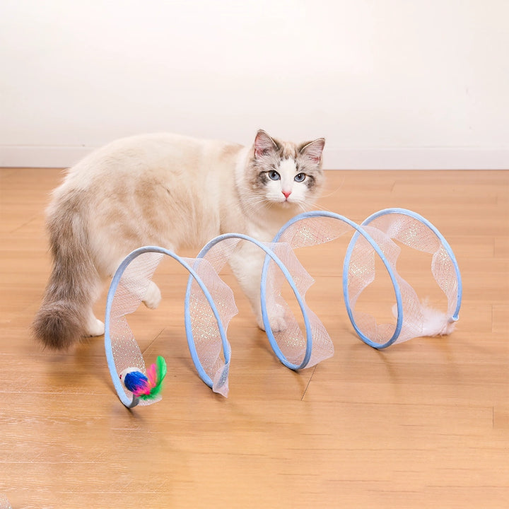 Interactive Foldable Cat Tunnel with Feather Toys and Mouse