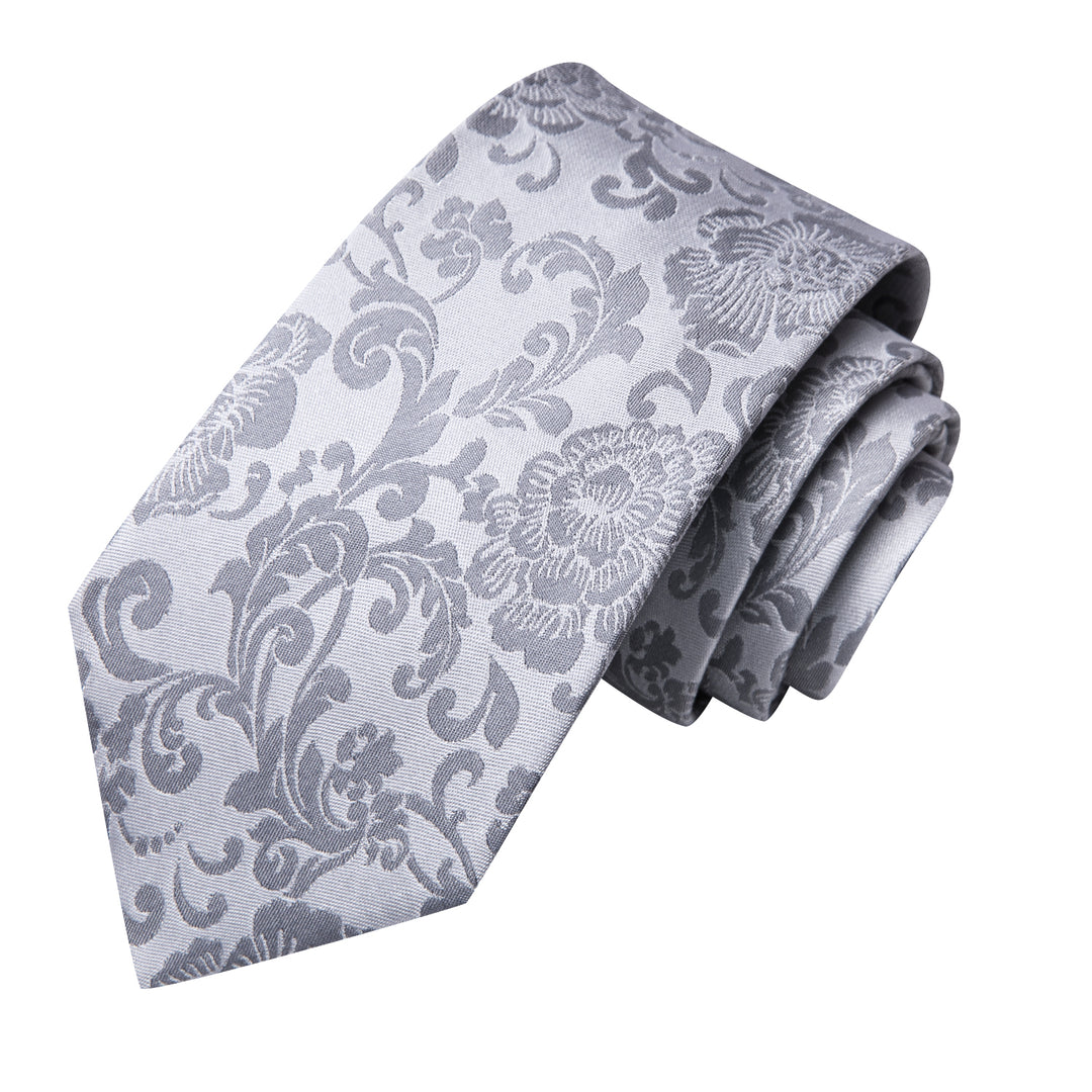 Elegant Silver Grey Floral Men's Necktie Set