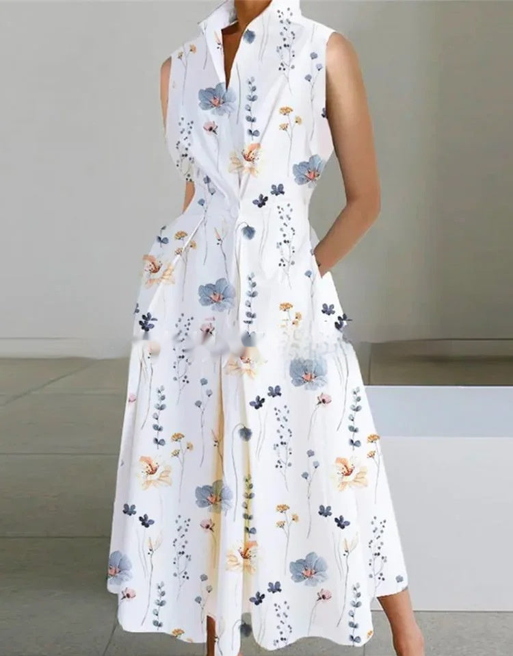 Stand-up Collar Cinched Pocket Printing Mid-length Temperament Dress