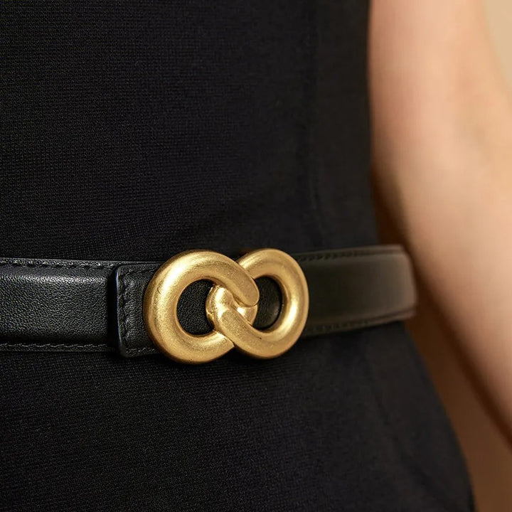 Women's Genuine Leather Belt with Gold Double-Ring Buckle