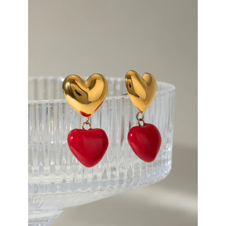 18K Gold Plated Red Heart Pendant Earrings for Women